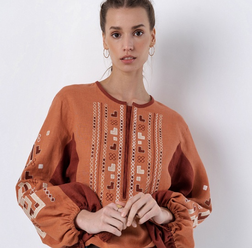 Лляна вишиванка з геометричним орнаментом Nezalezhni